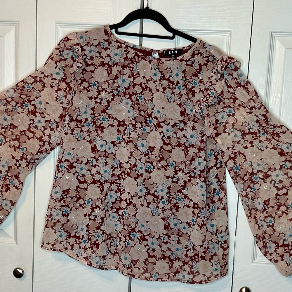 E & M Floral Long Sleeve Top - Red and Blue